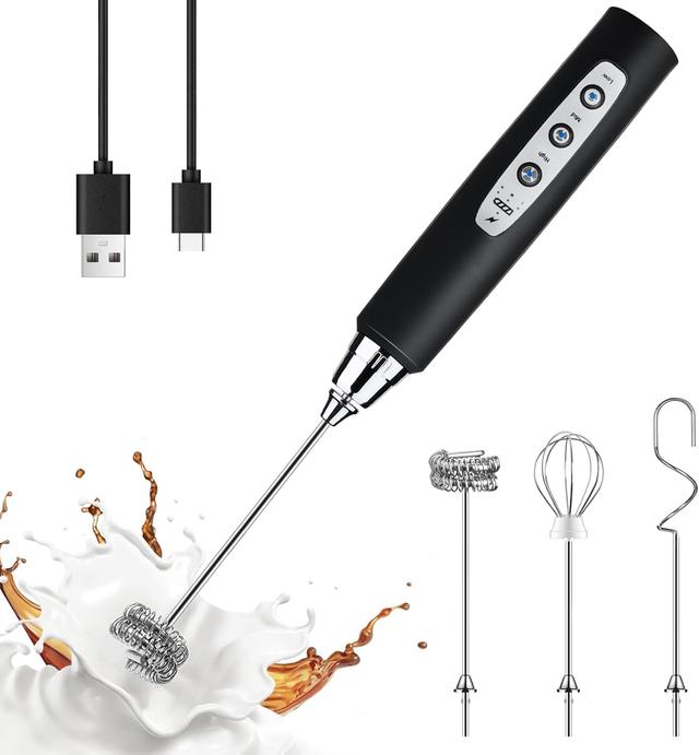 Product image of YUSWKO Black Handheld Milk Frother Wand for Coffee, Rechargeable Electric Whisk with 3 Heads 3 Speeds Drink Mixer Coffee Frother For Latte, Cappuccino, Hot Chocolate, Egg