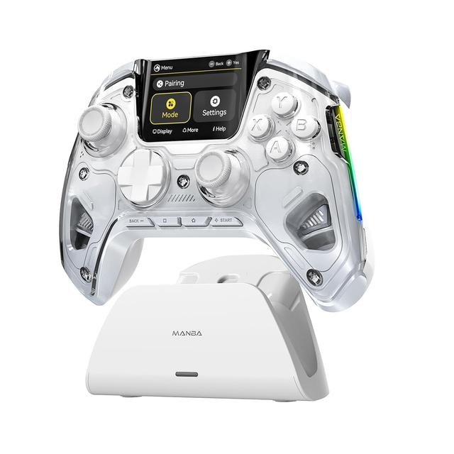 Product image of ManbaOne Interactive Screen Wireless Gaming Controller for PC/Switch/iOS/Android,Hall Effect Stick & Trigger,RGB Lighting,Remappable Buttons,1800mAh with Charging Dock (White)