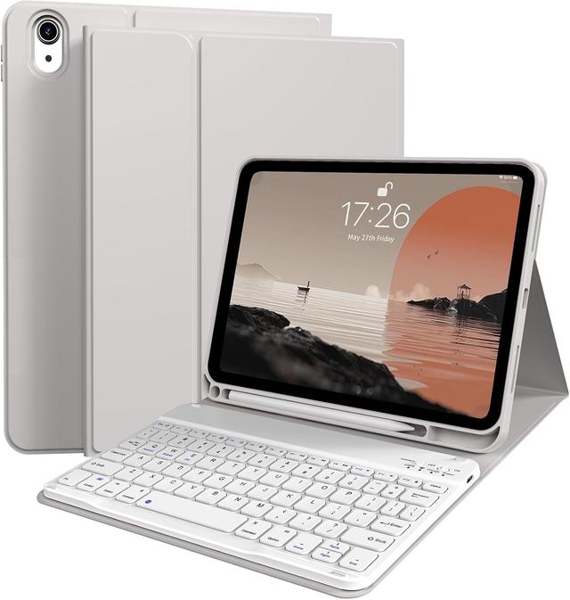 Product image of kenke for iPad 11/10th Gen Case with Keyboard 11/10.9 inch 2025 A16/2022, Detachable Wireless Bluetooth Keyboard Case Thin & Light with Built-in Left Side Pencil Holder, White Square Keycaps (Gray)