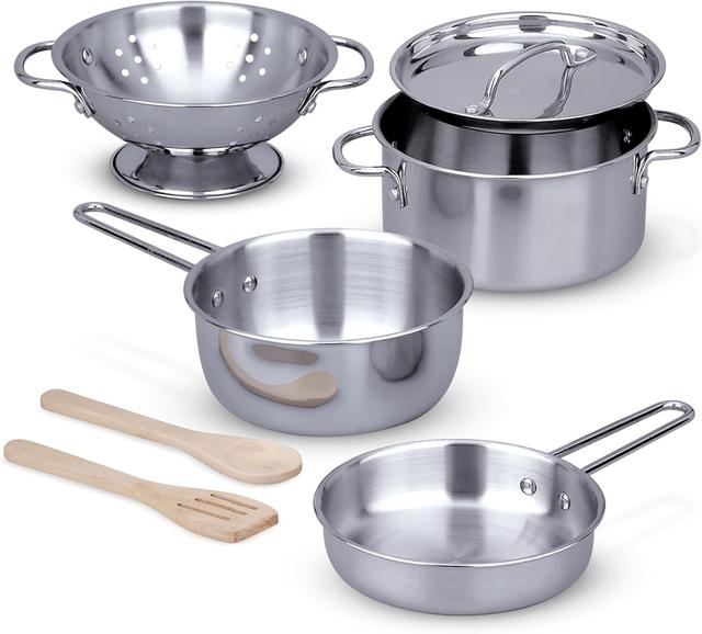 Product image of Melissa & Doug Stainless Steel Pots and Pans Pretend Play Kitchen Set for Kids (8 pcs)
