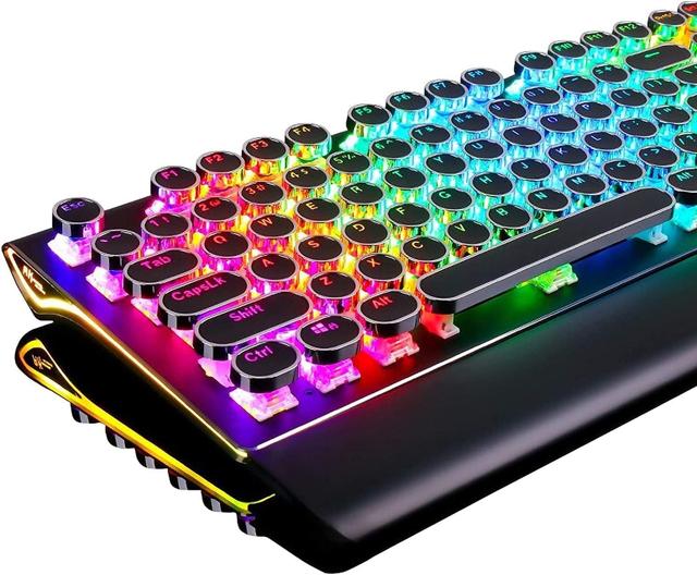 Product image of RK ROYAL KLUDGE S108 Typewriter Keyboard, Retro Mechanical Gaming Keyboard Wired 108 Keys with RGB Backlit Sidelight, Detachable Wrist Rest, Round Keycaps Blue Switches - Black