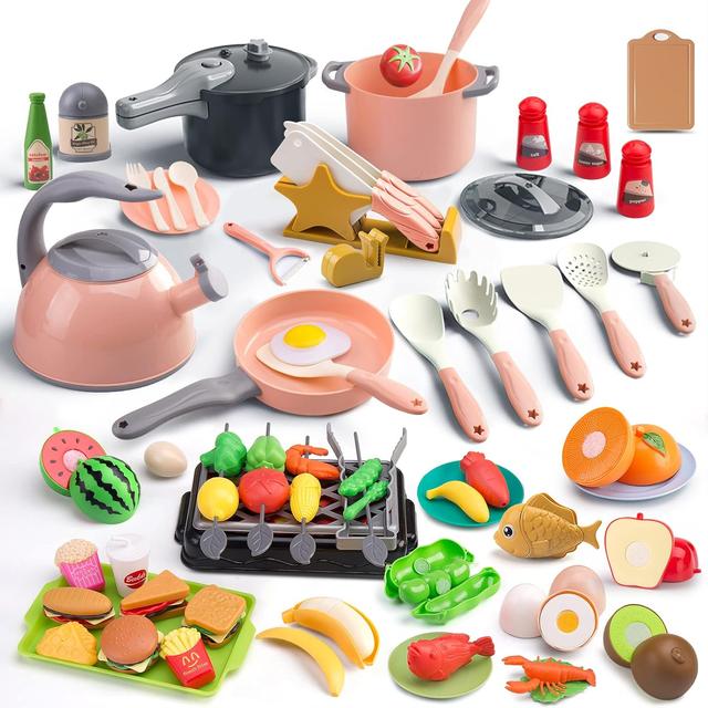 Product image of 105Pcs Kids Kitchen Toy Accessories, Toddler Pretend BBQ Camping Cooking Playset, Play Pots, Pans, Utensils Cookware Toys, Play Food Set, Vegetables, Learning Gift for Girls Boys