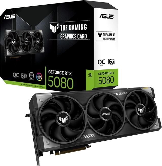 Product image of ASUS TUF Gaming GeForce RTX ™ 5080 16GB GDDR7 OC Edition Gaming Graphics Card (PCIe® 5.0, HDMI®/DP 2.1, 3.6-Slot, Military-Grade Components, Protective PCB Coating, axial-tech Fans, Vapor Chamber)