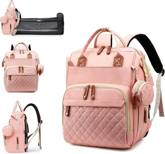 Product image of Diaper Bag with Changing Station, Waterproof 3 in 1 Baby Diaper Backpack with Foldable Changing Pad, Large Travel Back Pack for Baby Girl Boy, Peach Pink