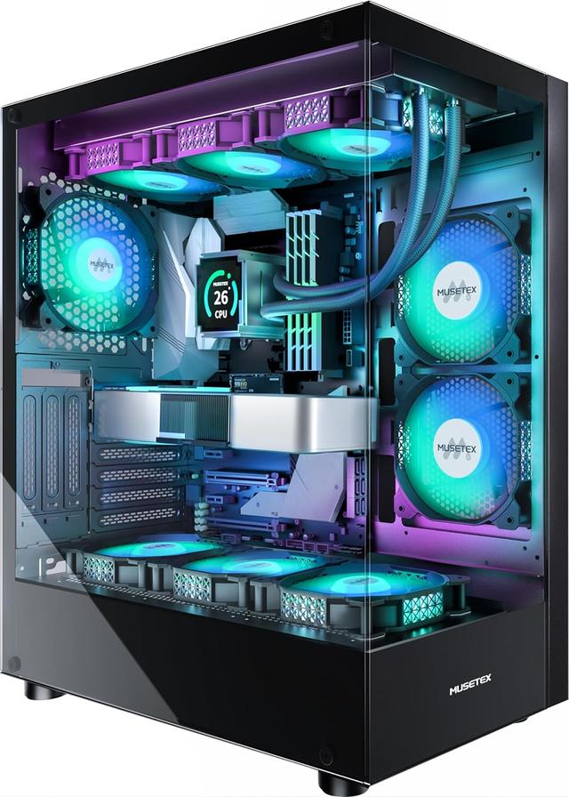 Product image of MUSETEX PC CASE ATX 6 PWM ARGB Fans Pre-Installed, Type-C Mid Tower Computer Case with Full-View Dual Tempered Glass, Gaming PC Case,Black(K2)